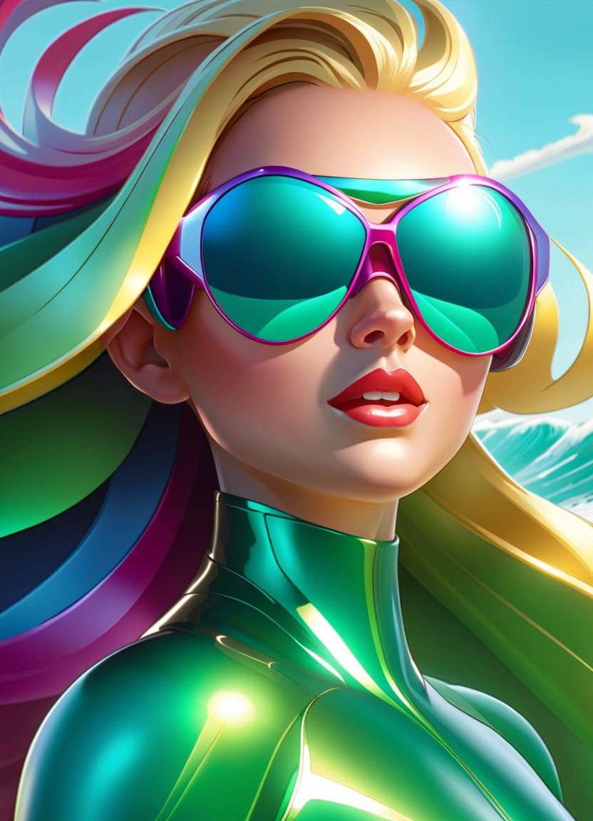 Female surfer with giant funky sunglasses!