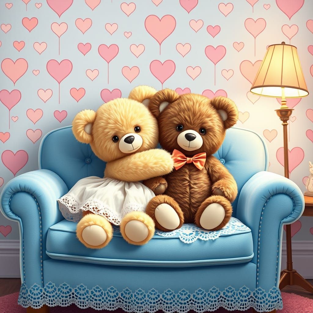 Adorable Teddy Bears Hug on a Heart-Themed Loveseat in Whims...