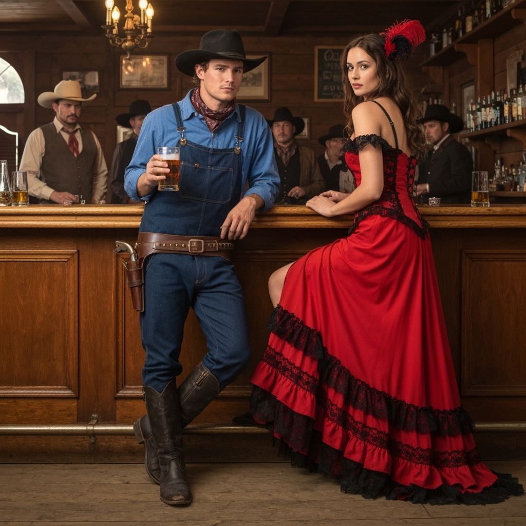 Wild West Saloon Scene with Cowboys and Saloon Woman