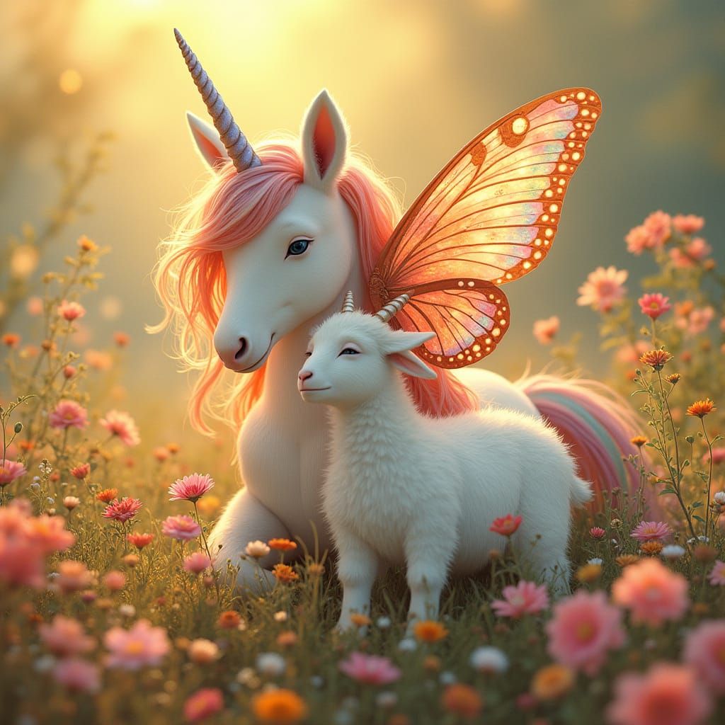 Whimsical Unicorn with Winged Goat in Vibrant Floral Meadow