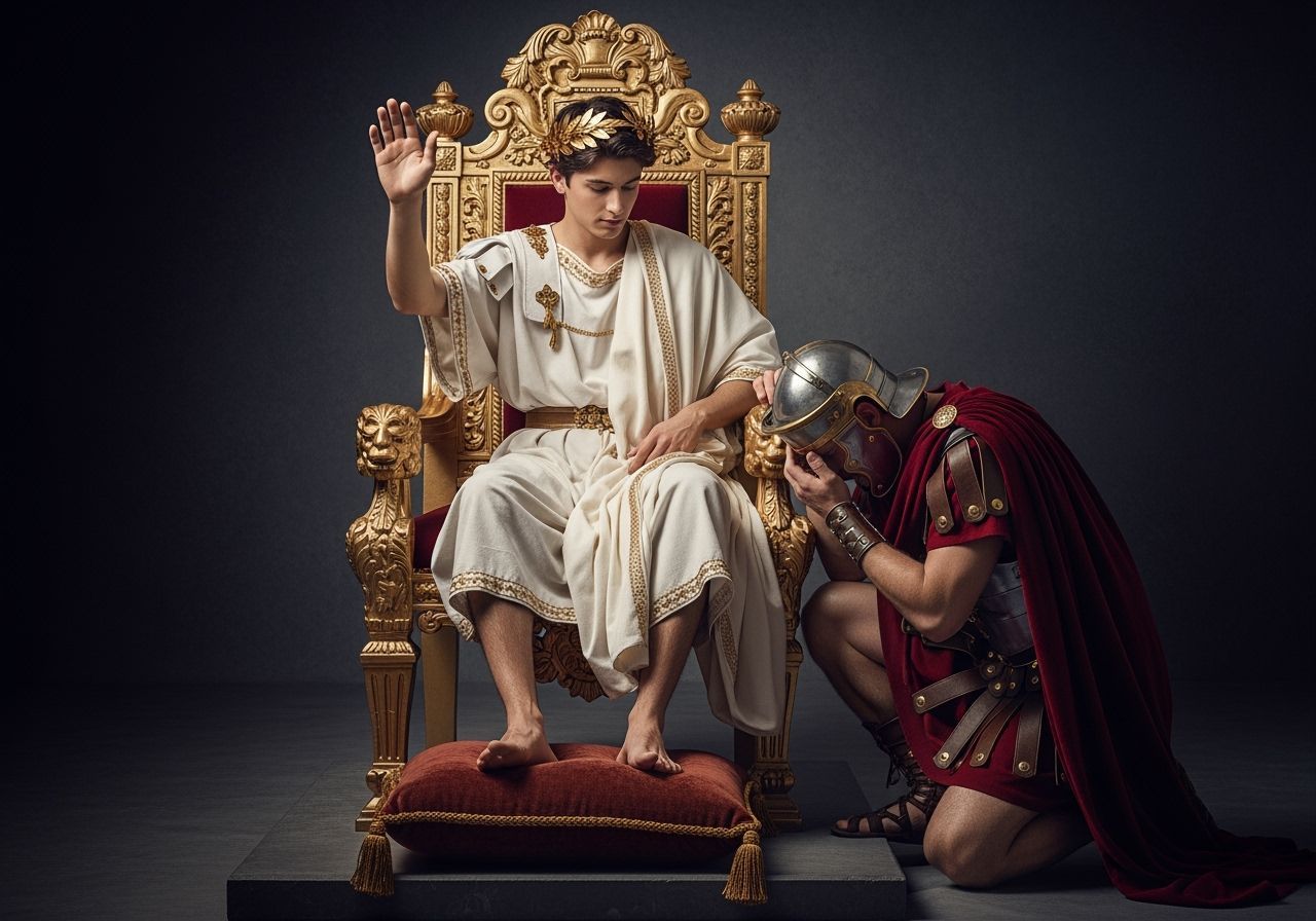 Barefoot Roman Emperor on Gold Throne: Professional Photogra...
