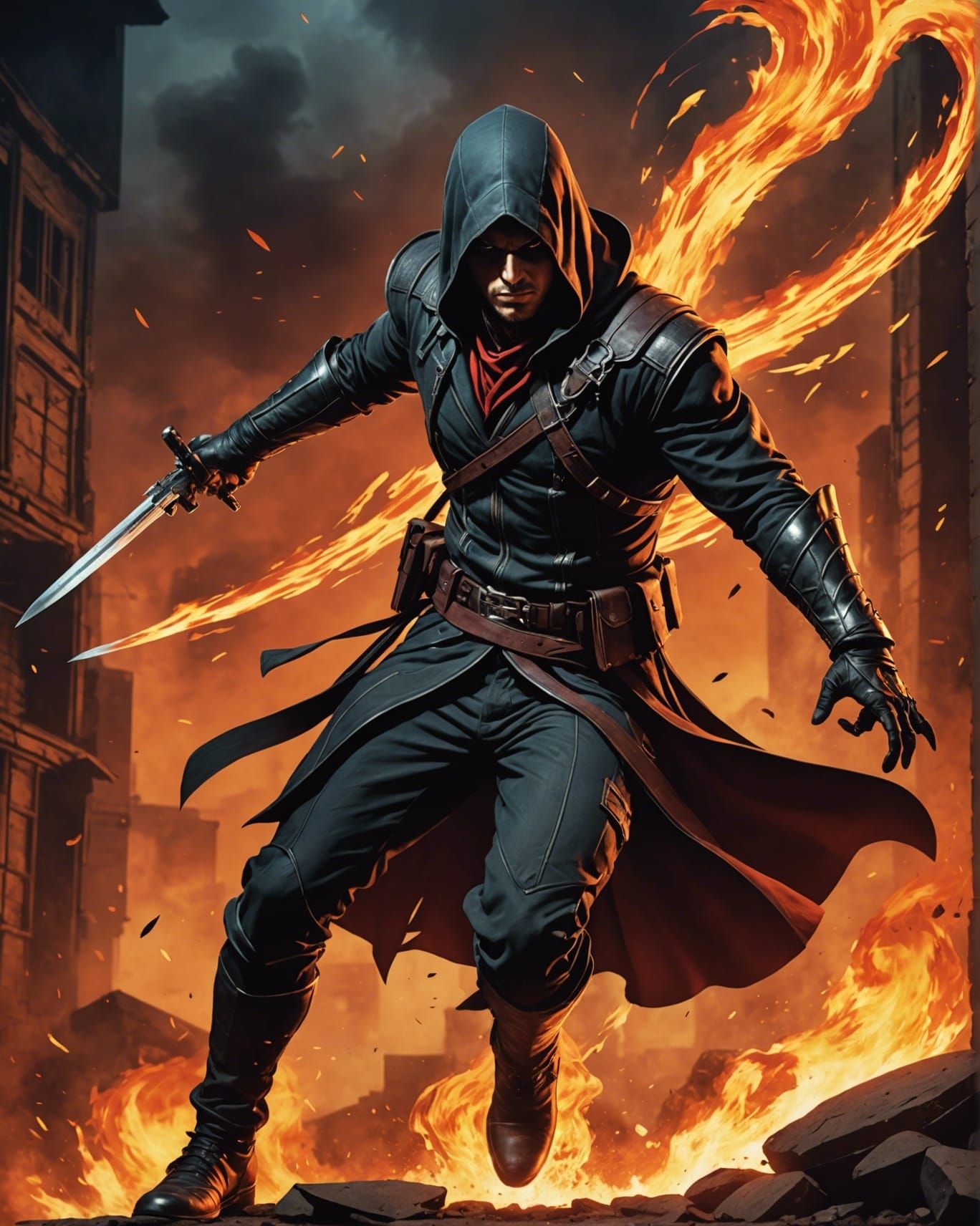 Assassin in action, dynamic pose, fiery backdrop, comic book style