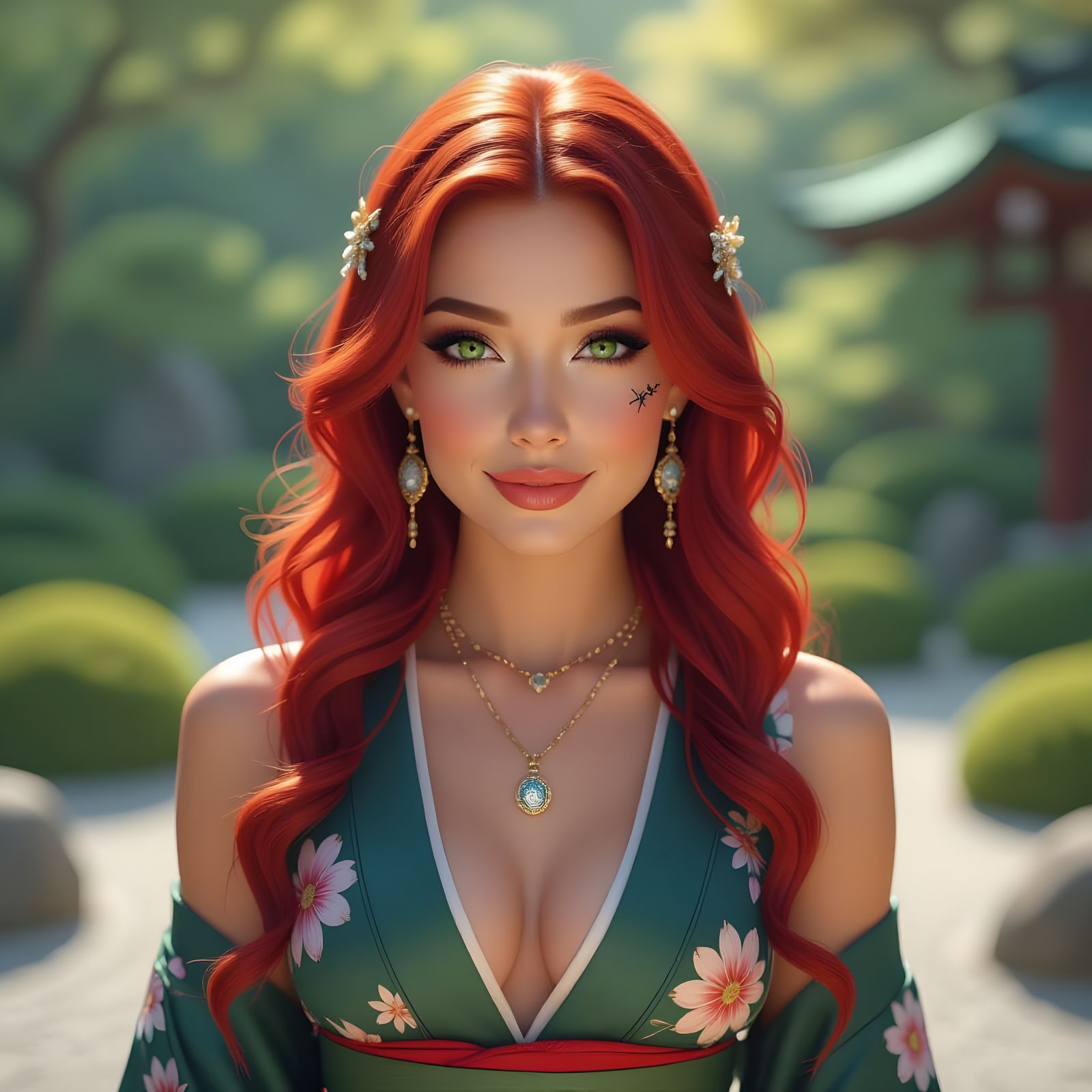 Fiery Redhead in Kimono in Japanese Zen Garden