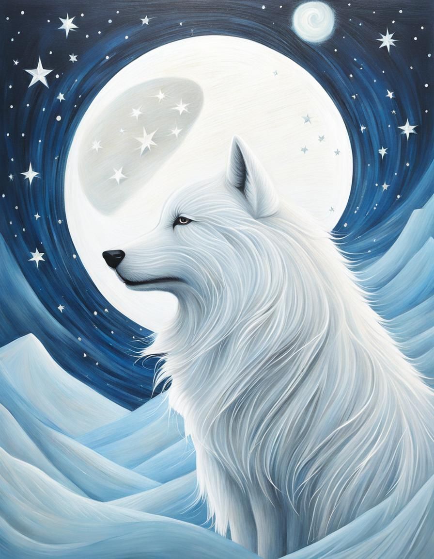 White Wolf in Starlight, Dreamy Watercolor Style