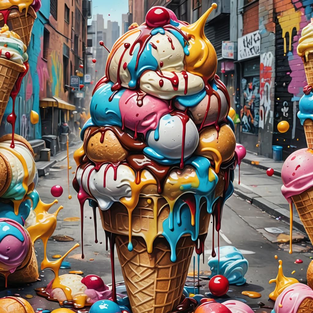 Melting Ice Cream Sundae in Street Art, Photorealistic