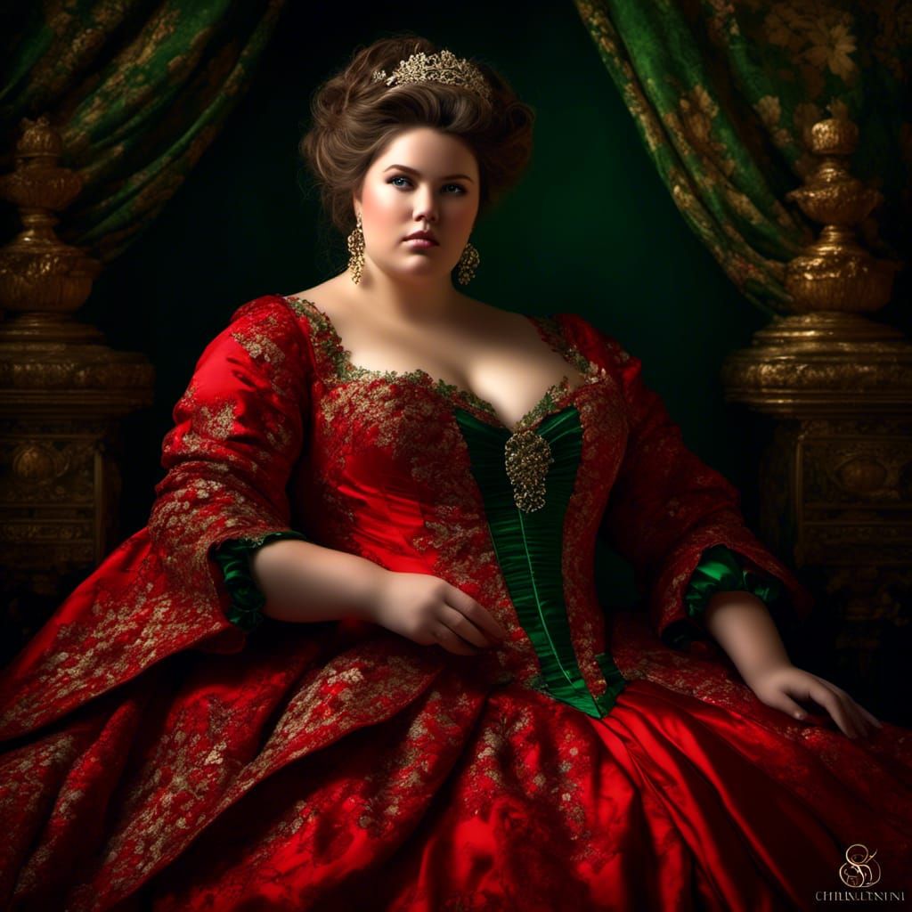 Plus Size Woman in Red Rococo Gown Portrait