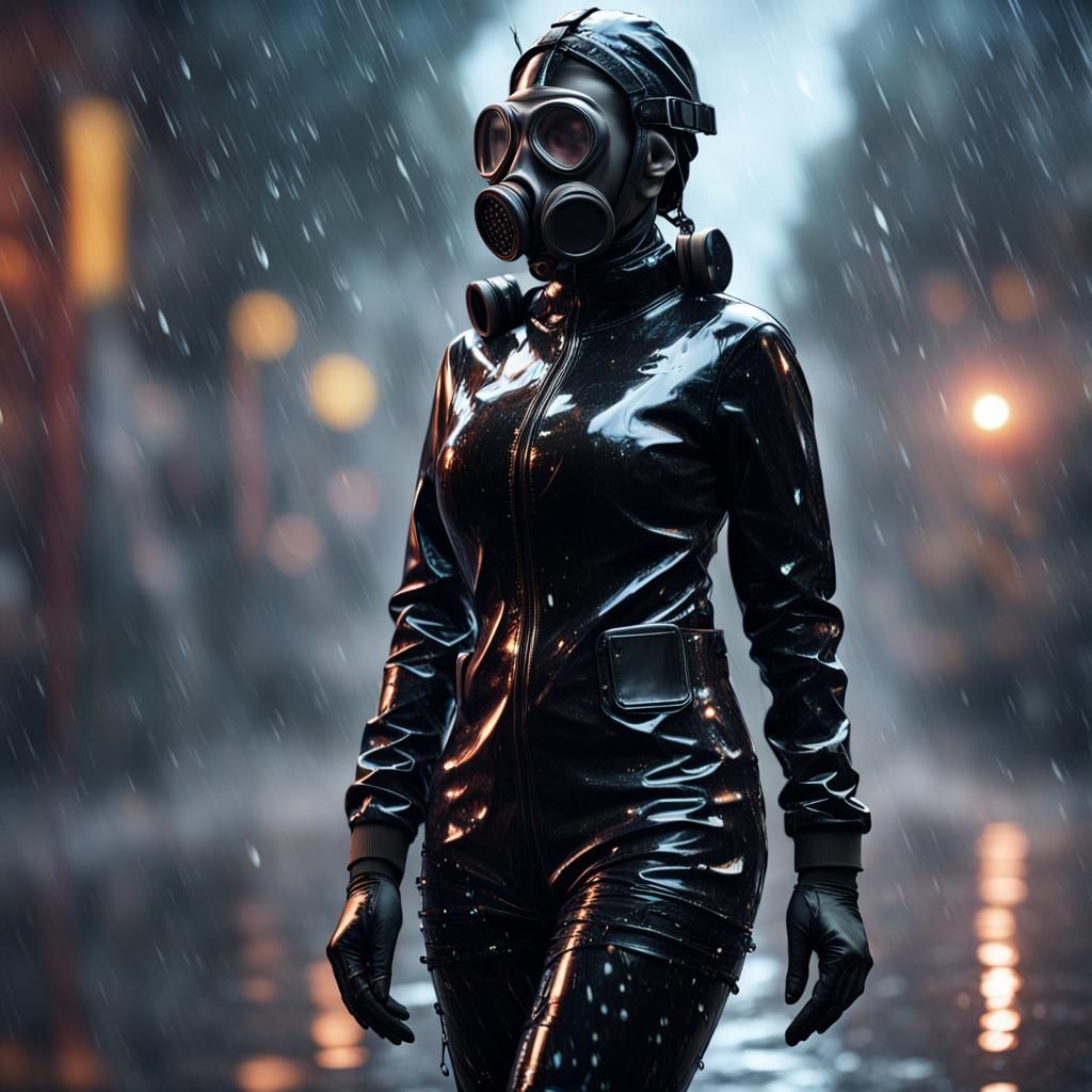 Woman in Rubber Outfit and Gas Mask in Rain