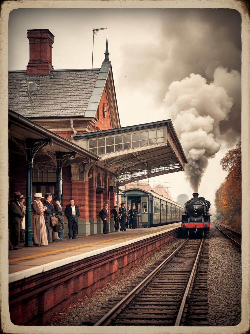 Vintage Train Station Scene in Warm Autumnal Hues