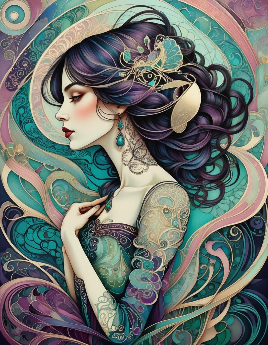 Elegant Woman in Art Nouveau Illustration