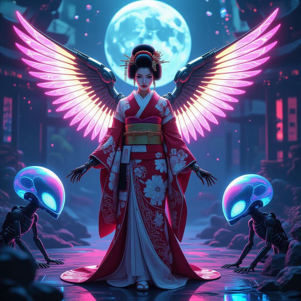 Cyborg Geisha Angel with Aliens in Biomechanical Style