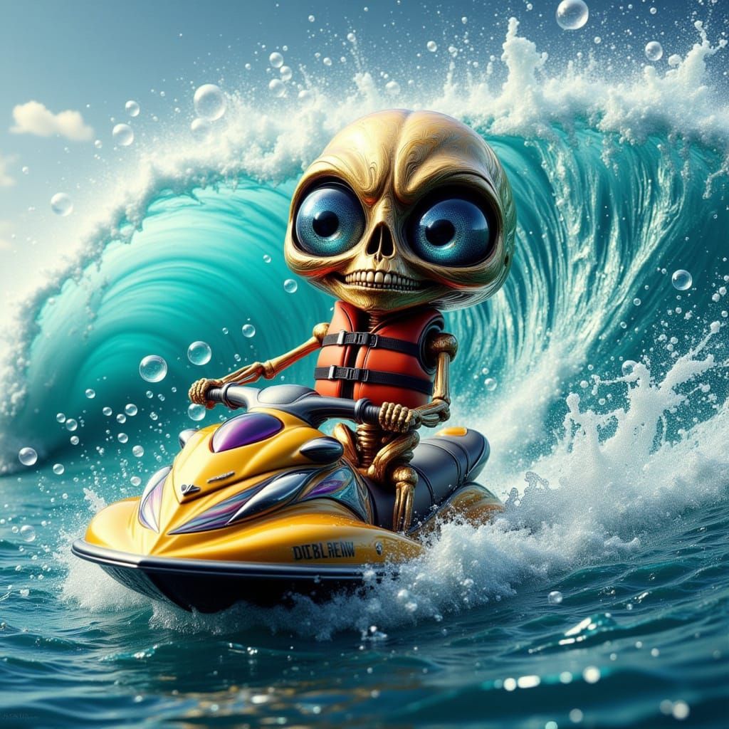 Gilded Skeleton on Jetski Rides Turquoise Wave