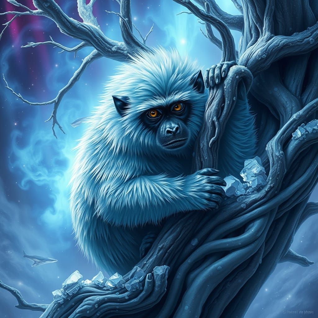 Majestic, Three-Eyed Ice Bonobo in Frosty, Mystical Arctic R...