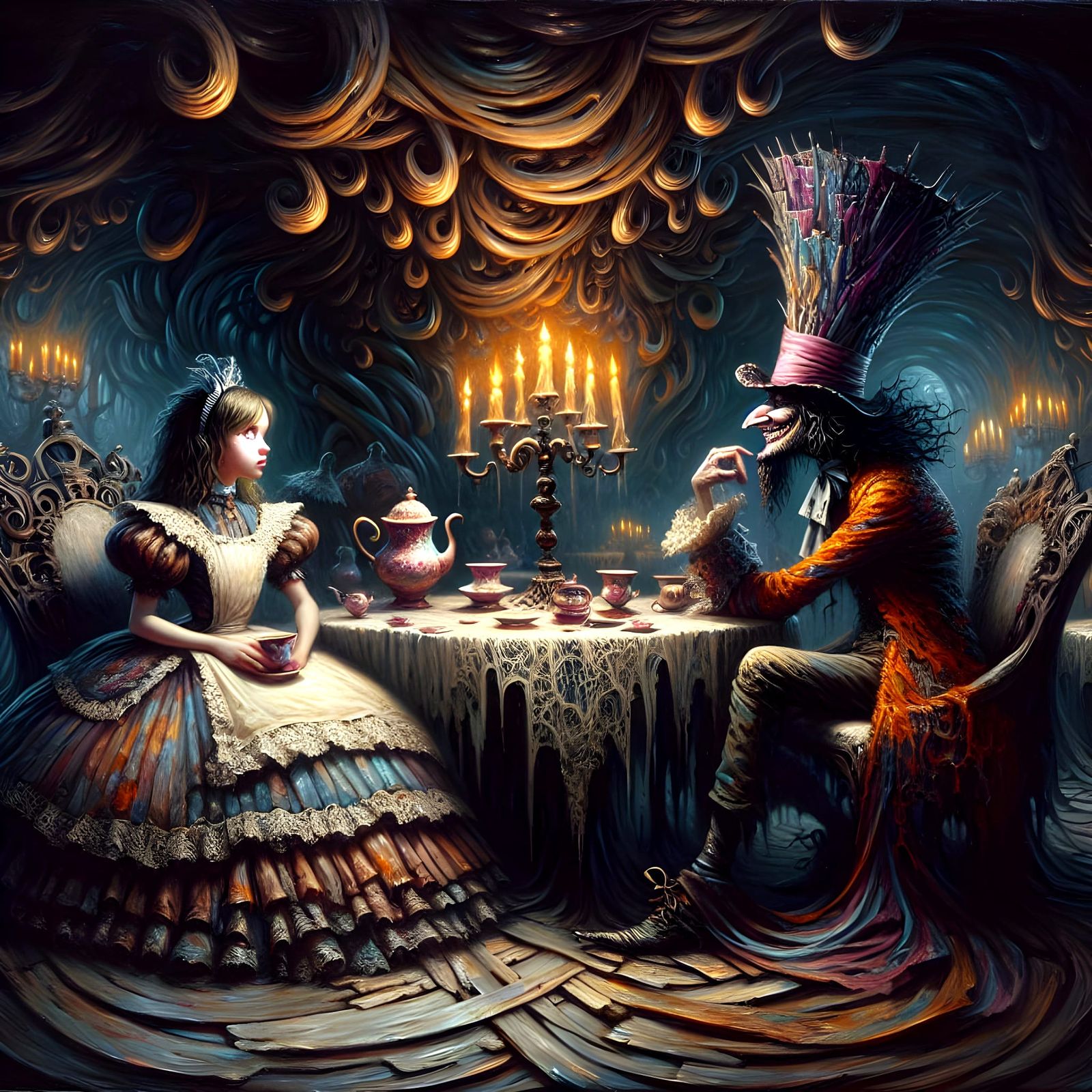 Surreal Alice Meets the Sinister Mad Hatter in Dark Oil Pain...