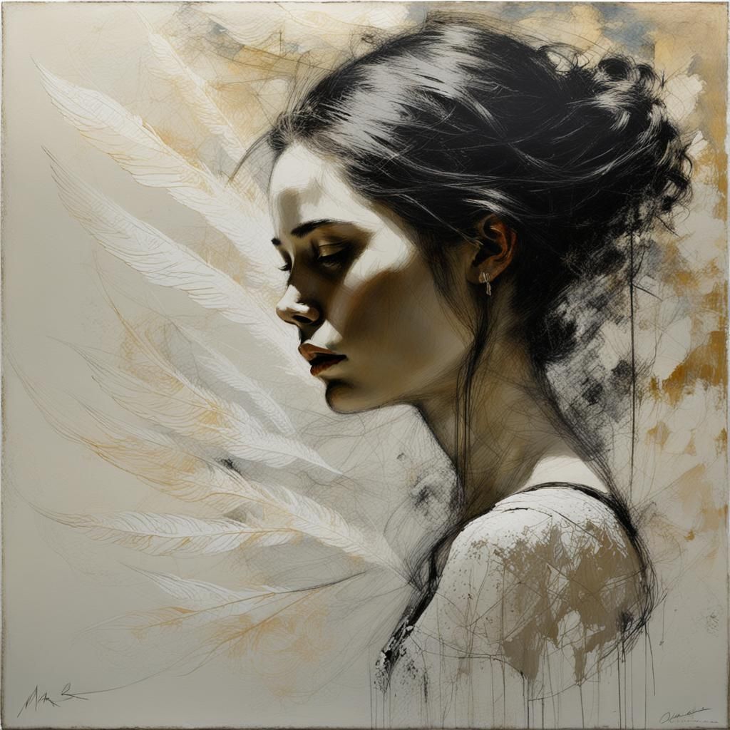 "Light as a feather. Scratched thick impasto oil painting. Artistic. Reduced colors. Volumetric lighting. Etching. Overl...