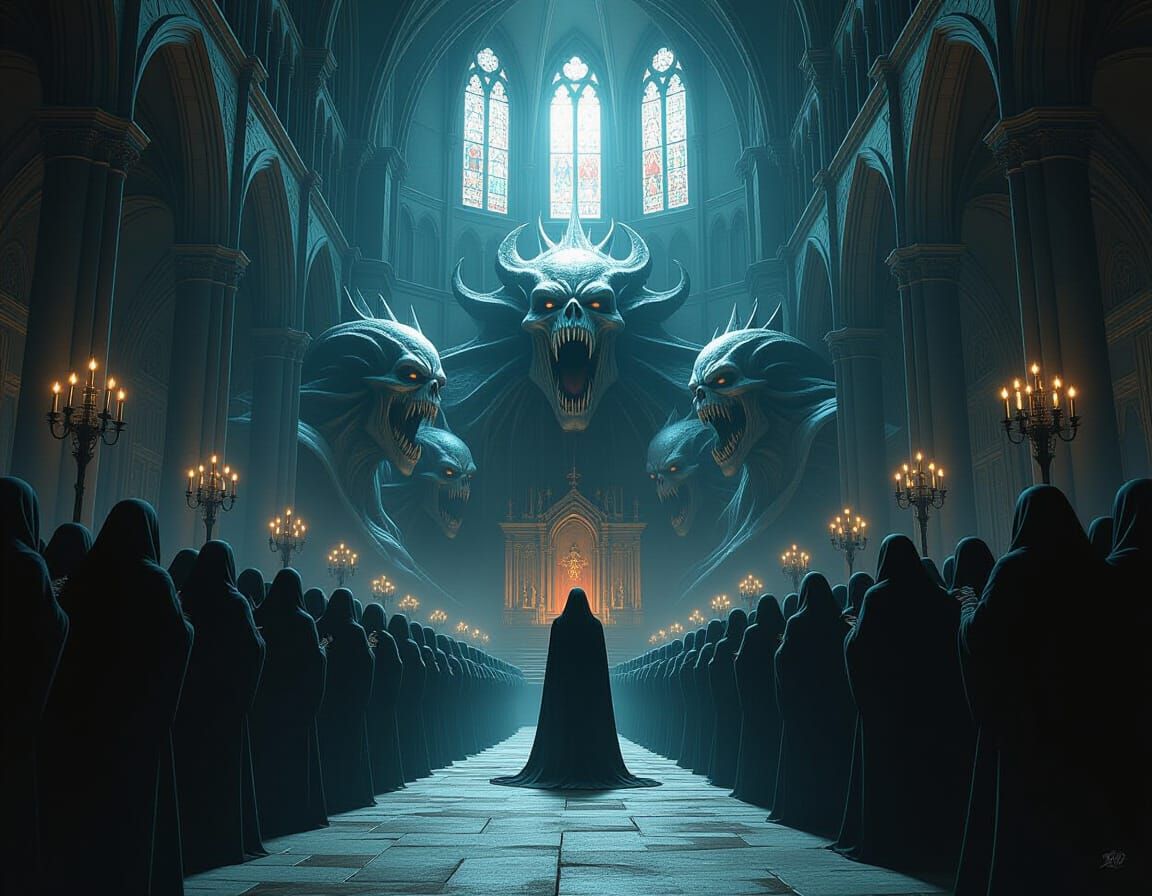 Grotesque Monsters Sing in Cathedral, Dark Fantasy Art