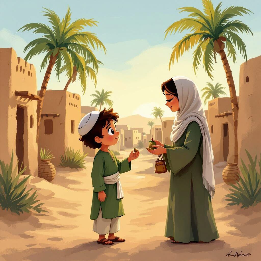 Arabian Boy's Desert Farewell at Sunset