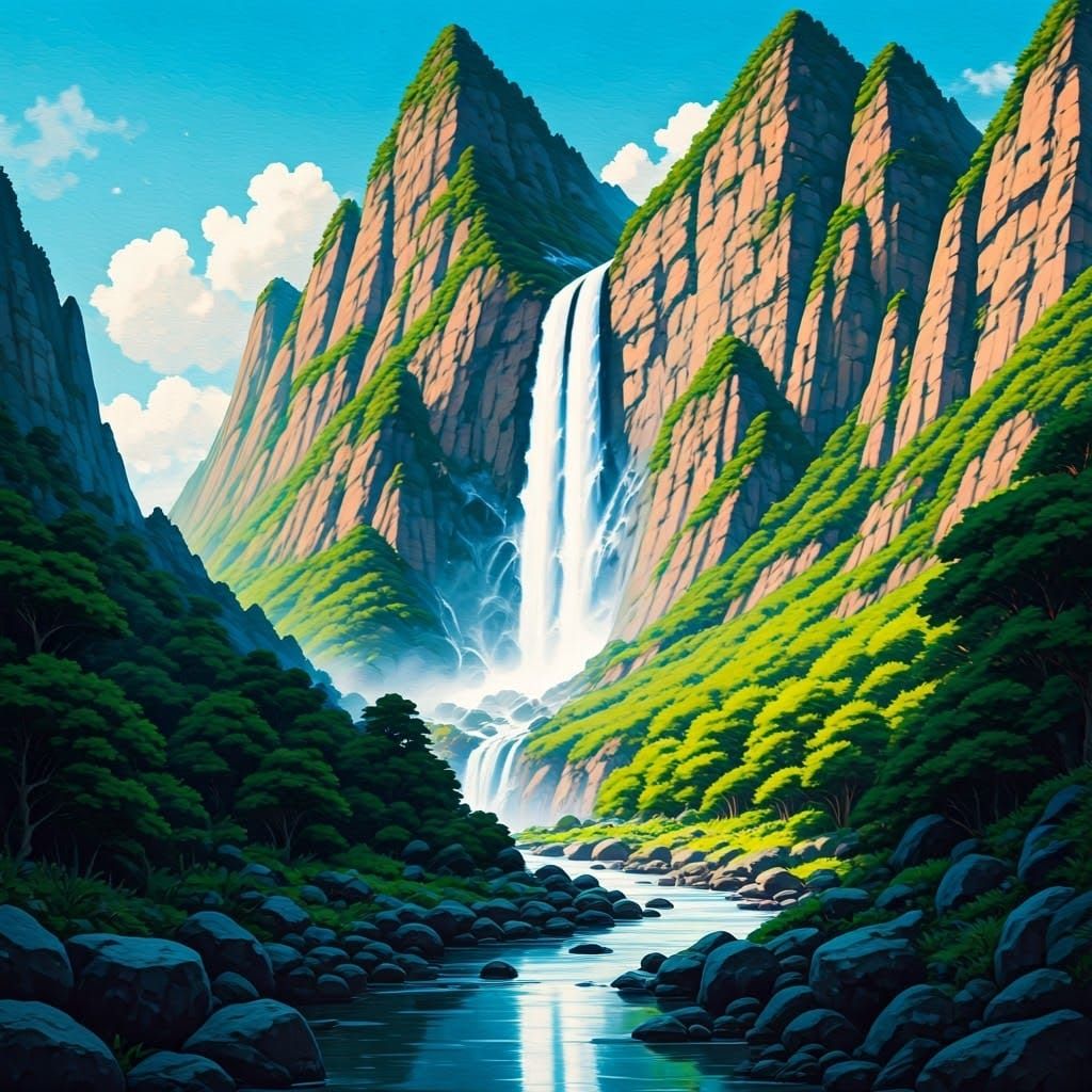 Mountains and Waterfall in Anime Watercolor Style