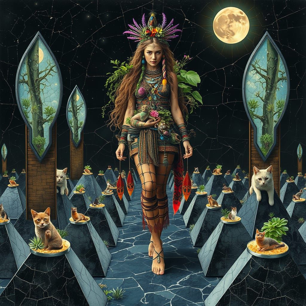 Mystical Woman Walking on Pyramids: Surreal Concept Art