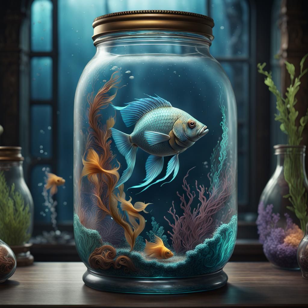 Majestic Fish in Glass Jar: Detailed Matte Painting
