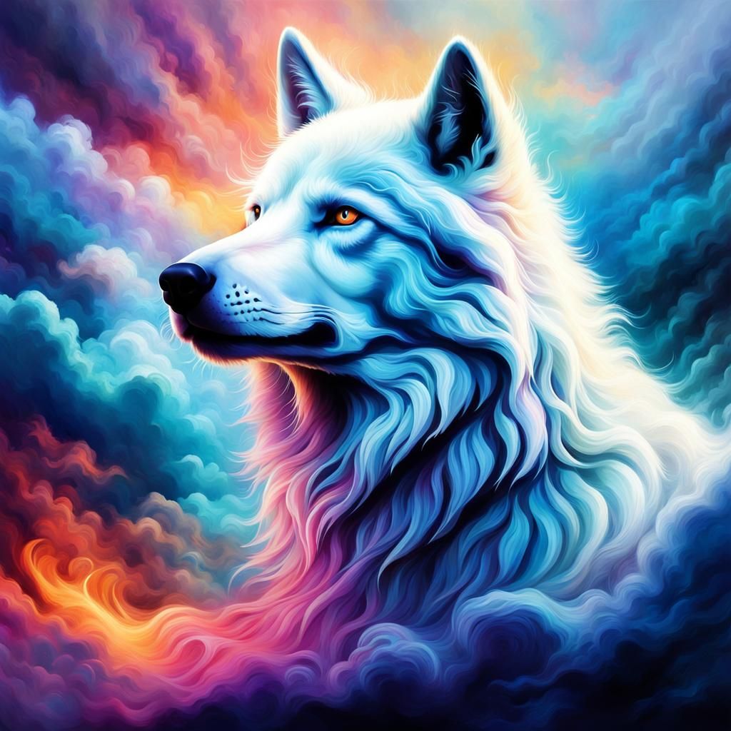 Ethereal White Timber Wolf in Colorful Smoke