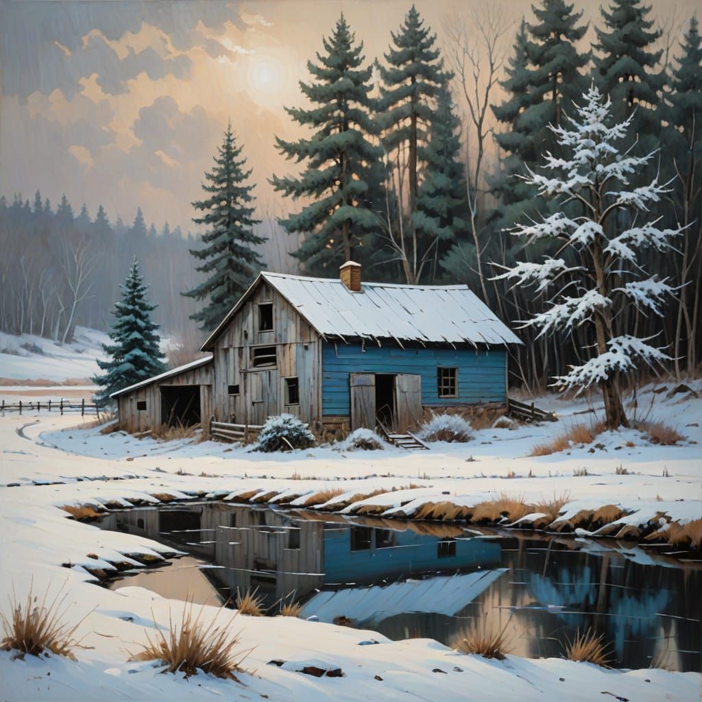 Impressionistic Winter Barn Landscape in Muted Blues
