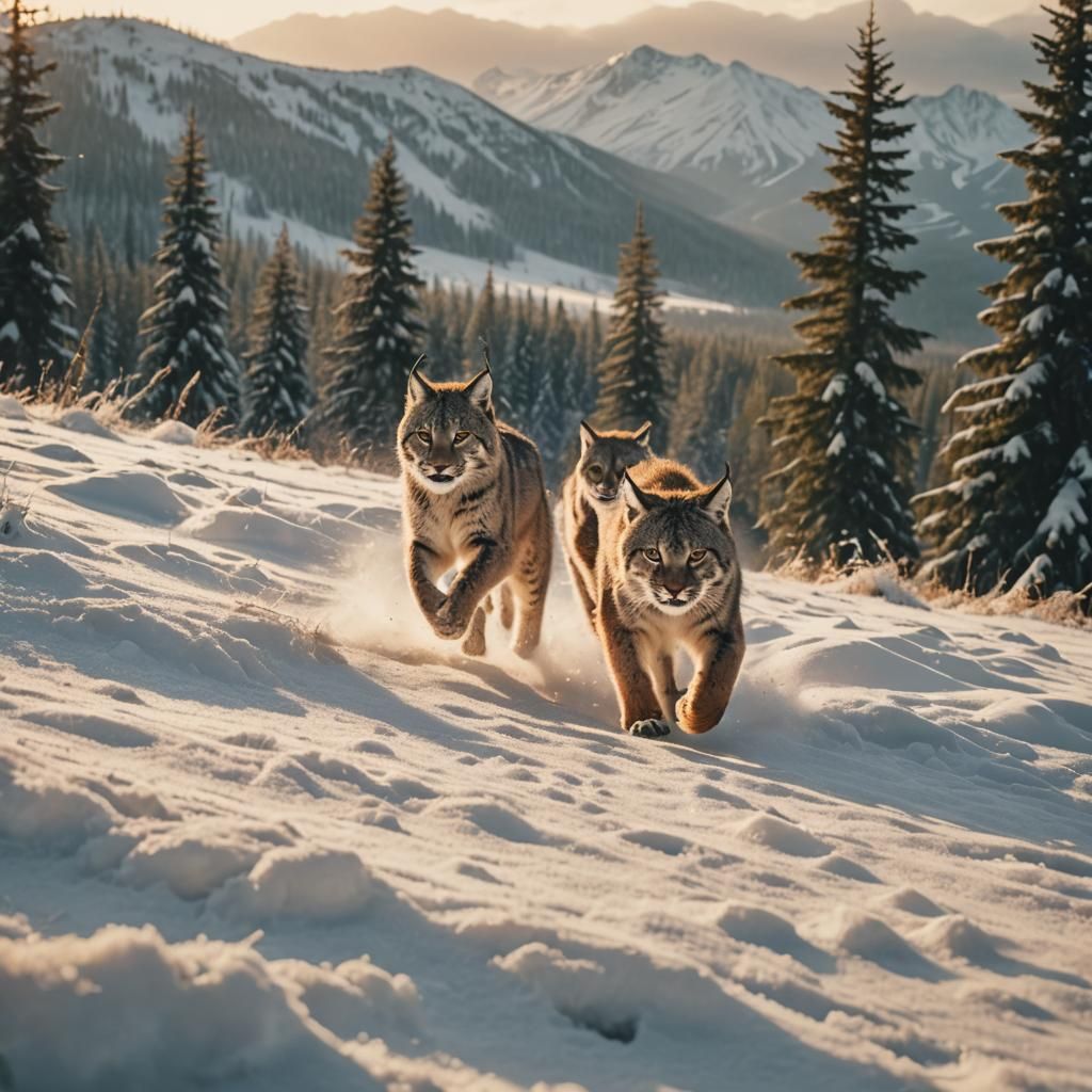 Snow Lynxes in Snowy Mountain Landscape