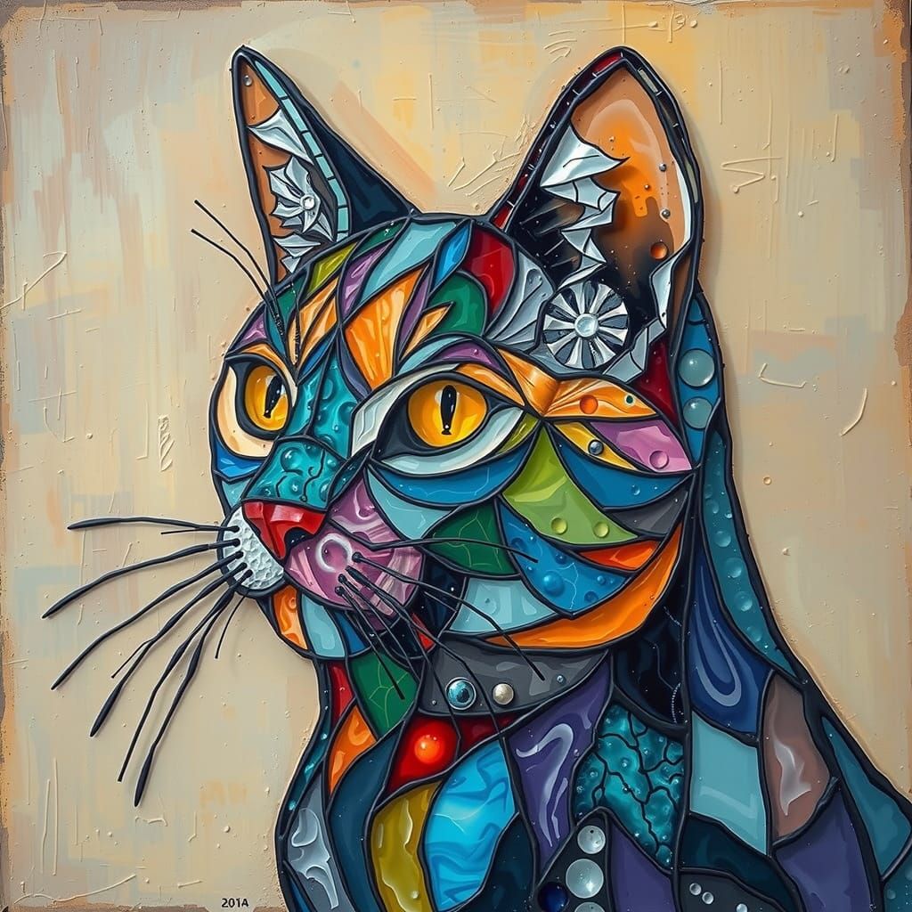 Stained Glass Fractal Cat in Expressionist Style