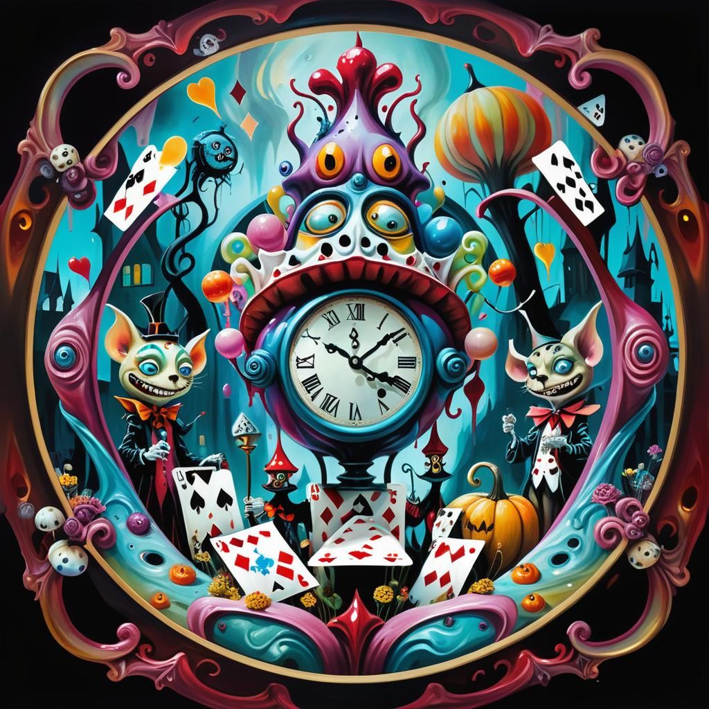 Surreal Wonderland Trick-or-Treat Scene as Oil Painting