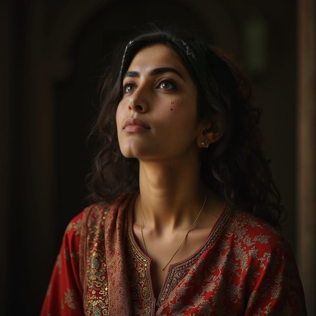 Solemn Pakistani Woman in Traditional Dress