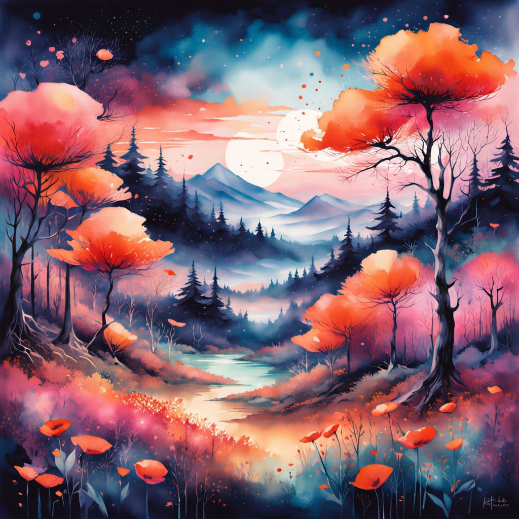Ethereal Forest Meadow with Dreamy Poppies Watercolor