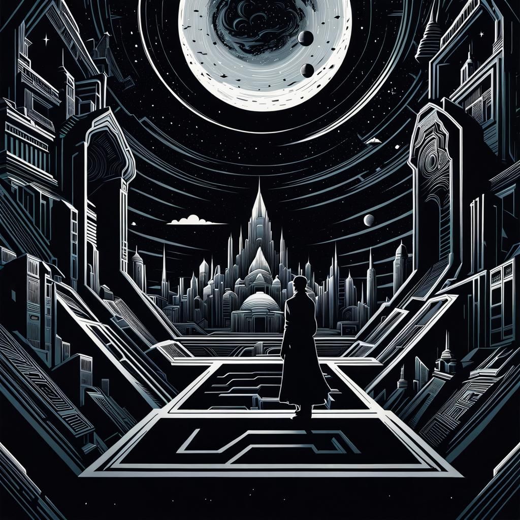 Silhouette in Cloud City: Linocut Graphic Art