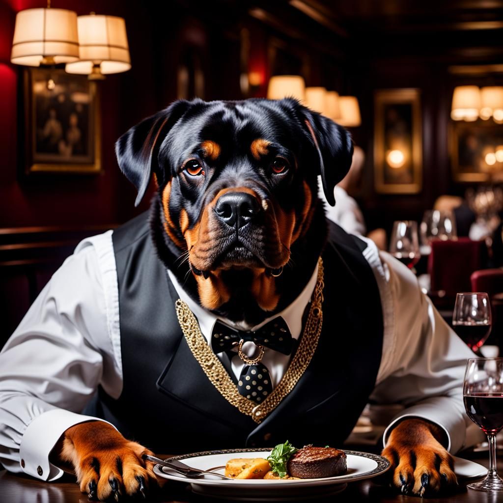 Humanoid Rottweiler Waiter in Dark Academia Style