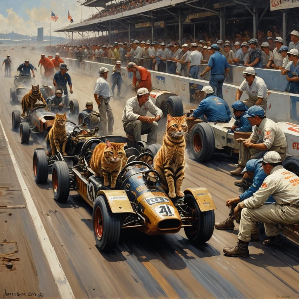 Cat Racing Pitcrew as Oil Painting