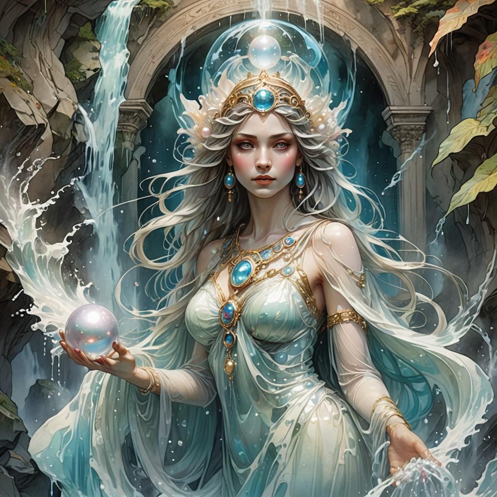 Ethereal Waterfall Goddess with Pearl, Watercolor Art