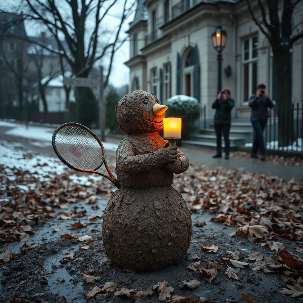 Mud Snowman with Tennis Racket in Autumnal Garden