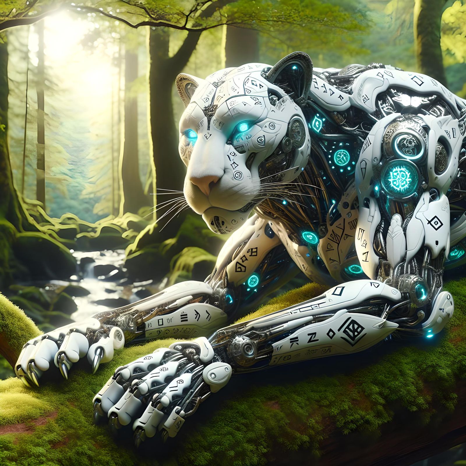 Mechanical Panther with Runic Tattoos in Sunny Forest