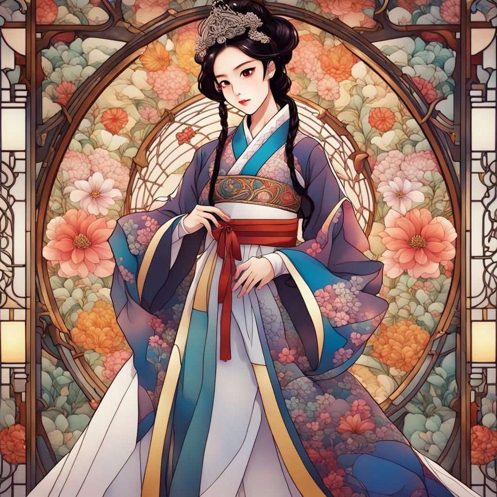 Beautiful Korean Girl in Art Nouveau Anime Style