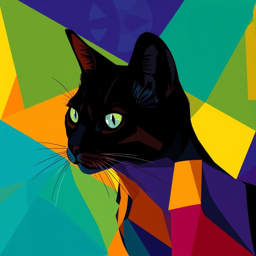 Cat Silhouette Portrait in Warhol-Style Cubist Art