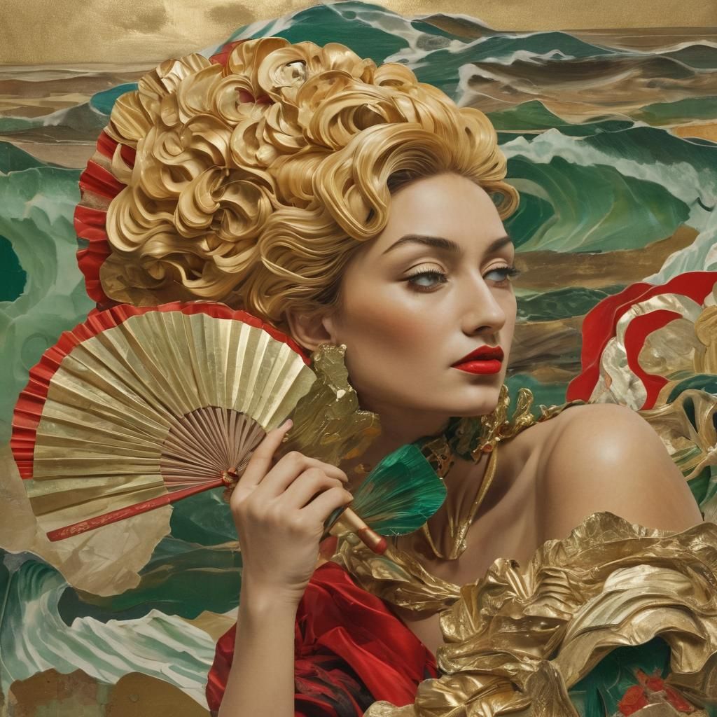 Vintage Collage of Woman with Gold Hair Fan