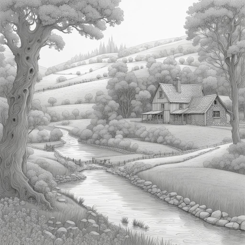Detailed Line Drawing of Fantasy Farm Near River