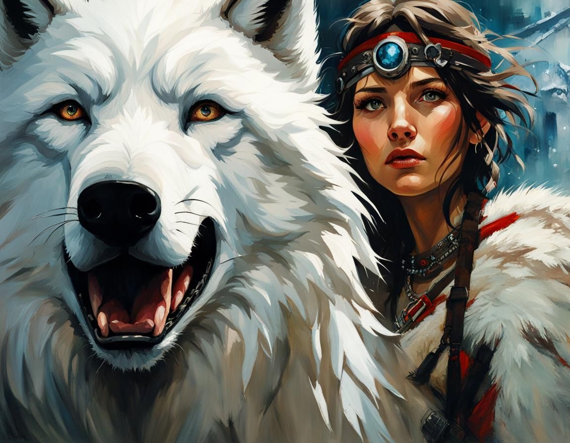 Princess Mononoke and Wolf Portrait in Painterly Style