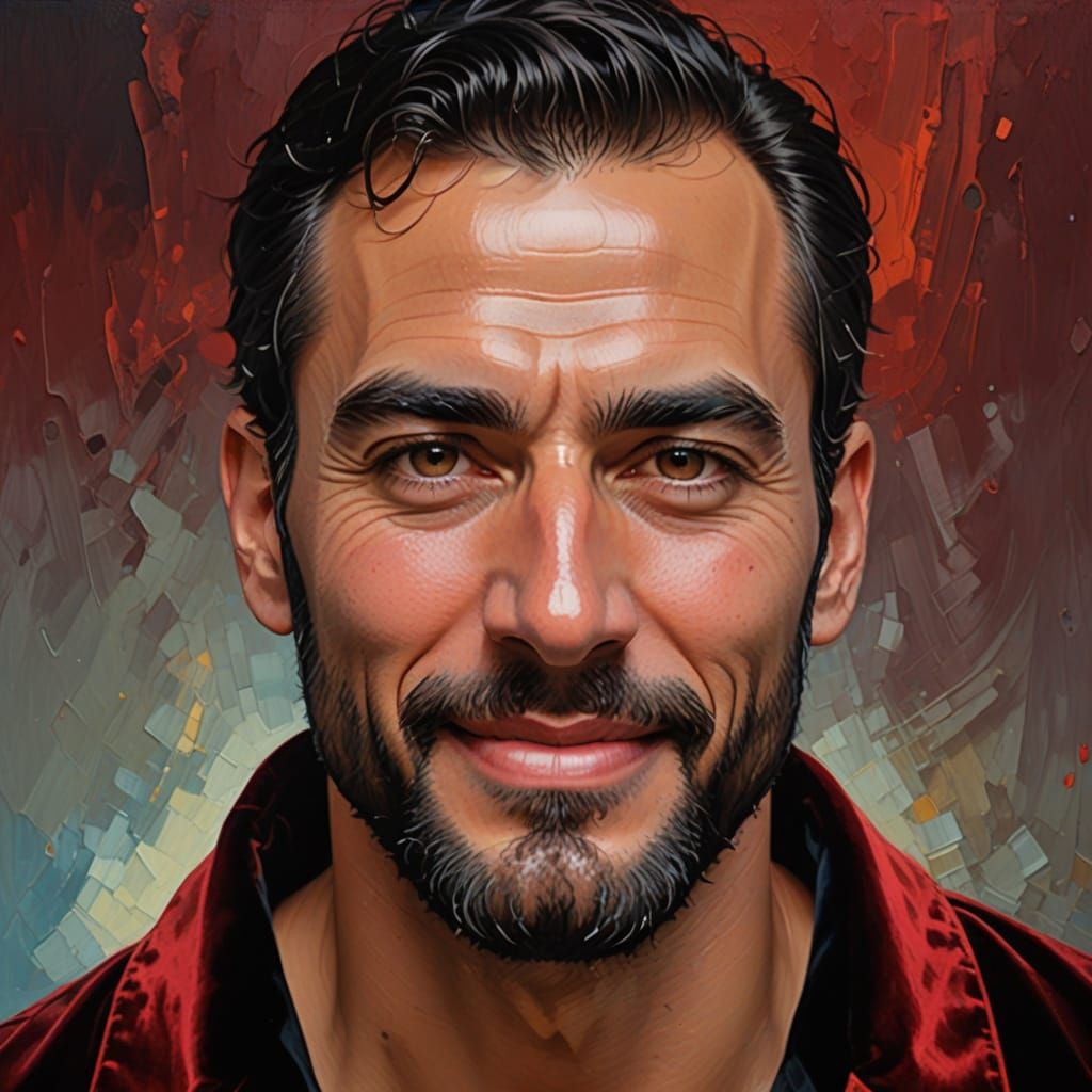 Smiling Man in Red Velvet Bathrobe as Impasto Painting