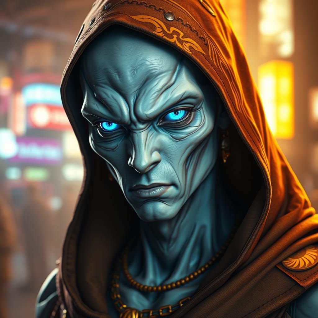 Alien Portrait with Golden Tattoos in Futuristic Setting