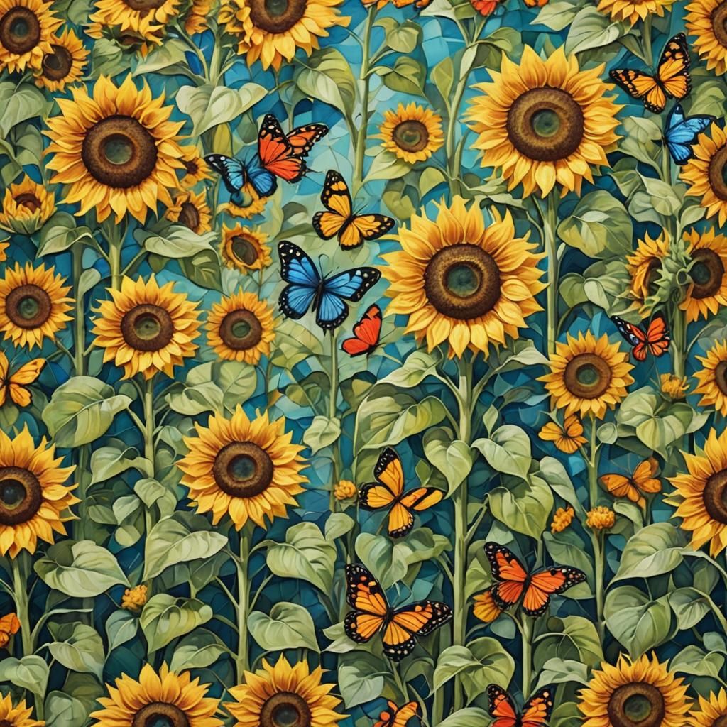 Abstract Sunflower Field with Butterflies