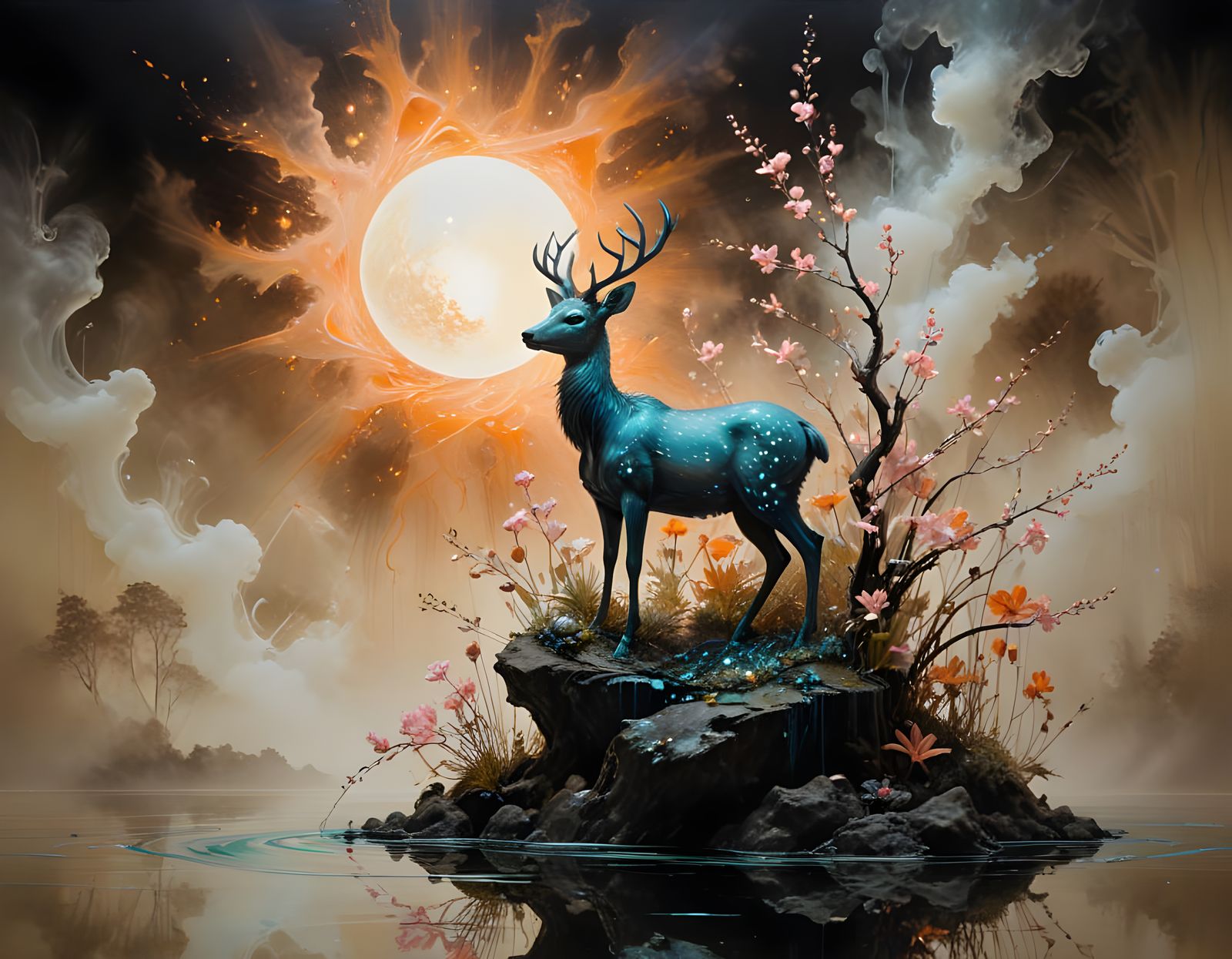 Mystical Deer in Crystal Garden, Sumi-e Style