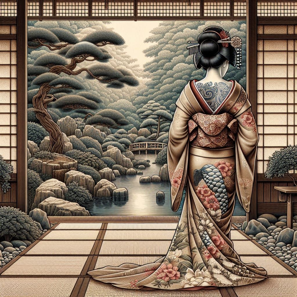 Geisha in Zen Garden with Japanese Tattoos