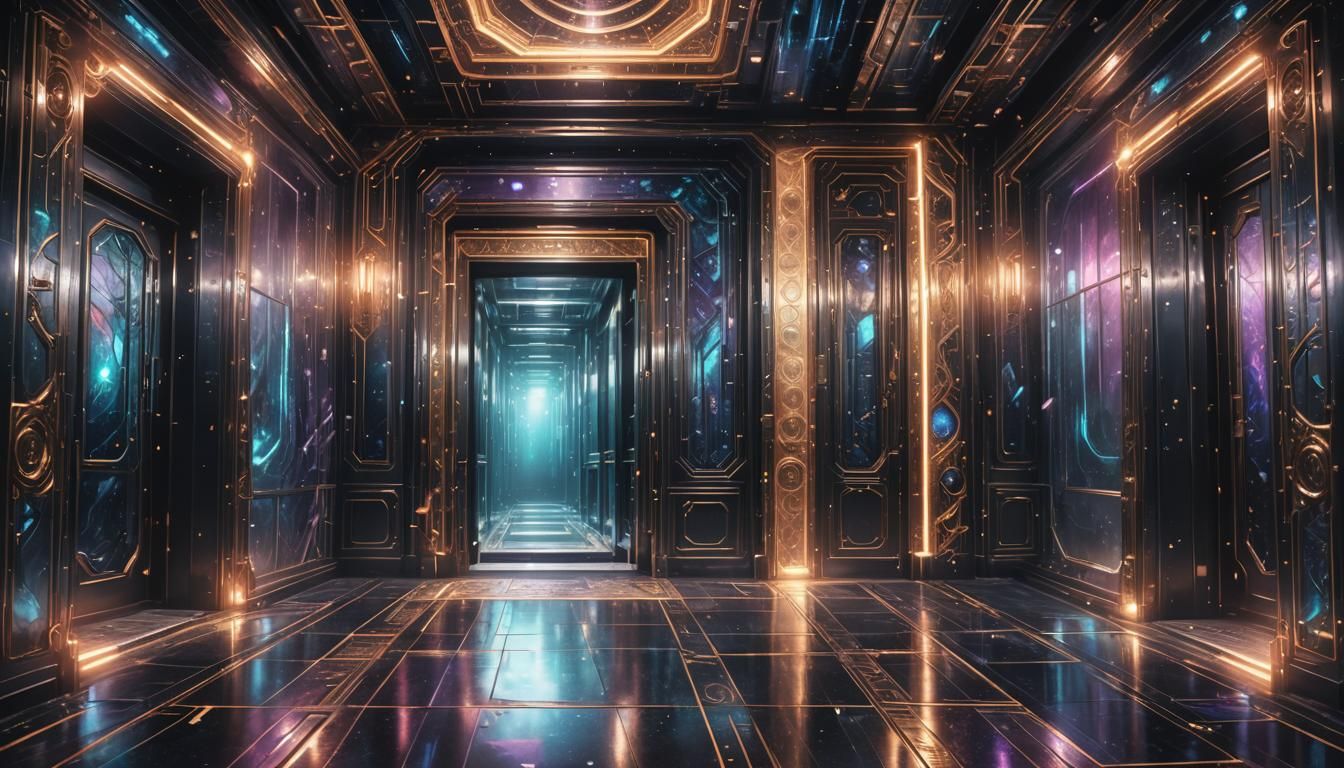 Mystical Corridor with Open Elevator, Cosmic Illustration