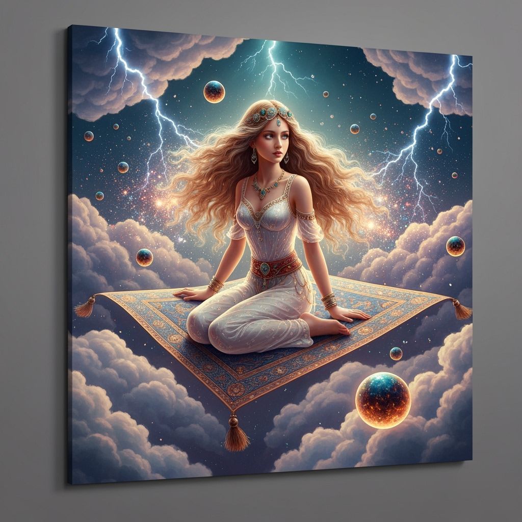 Woman on Magic Carpet in Airy Thunderclouds as Digital Art
