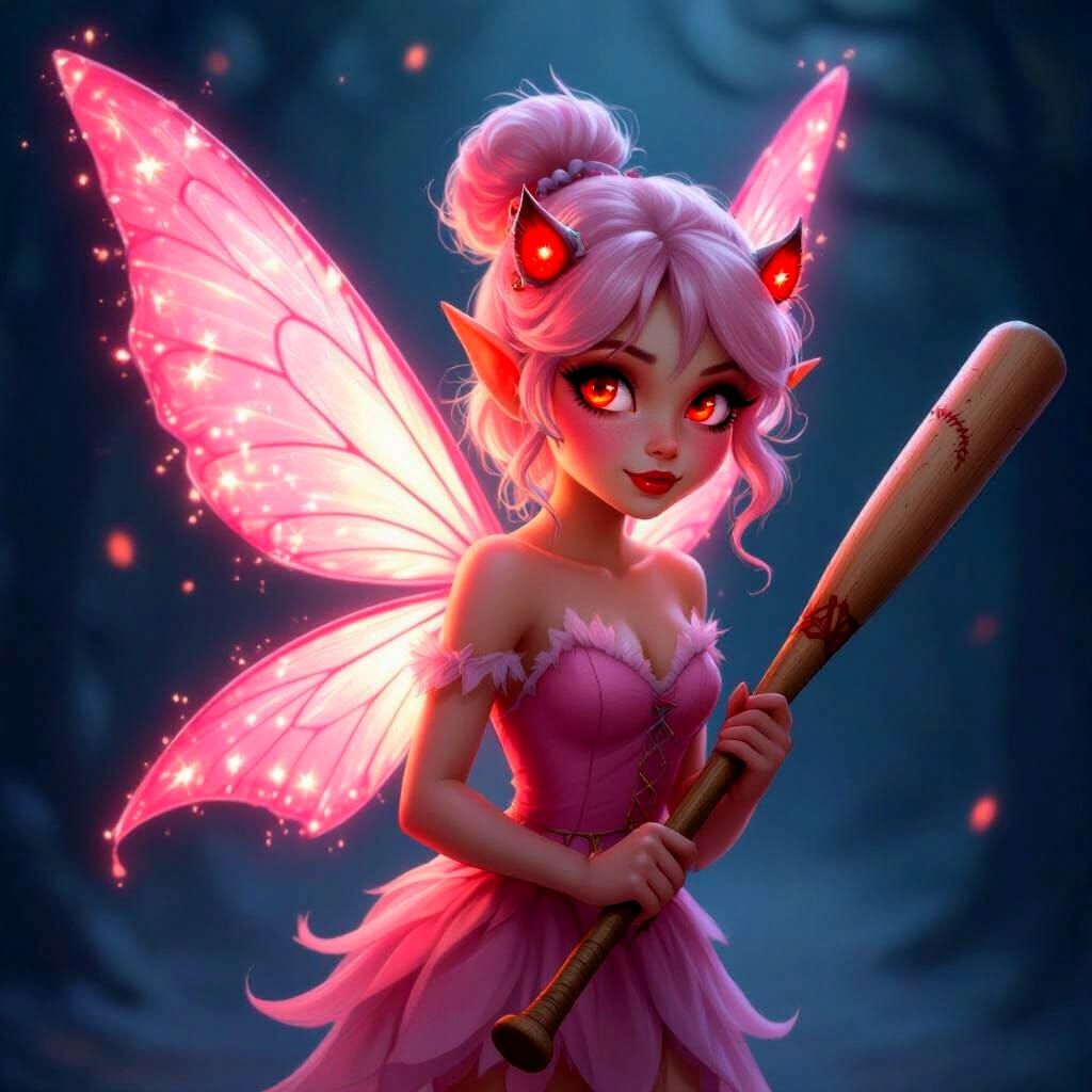 Menacing Pink Fairy with Baseball Bat