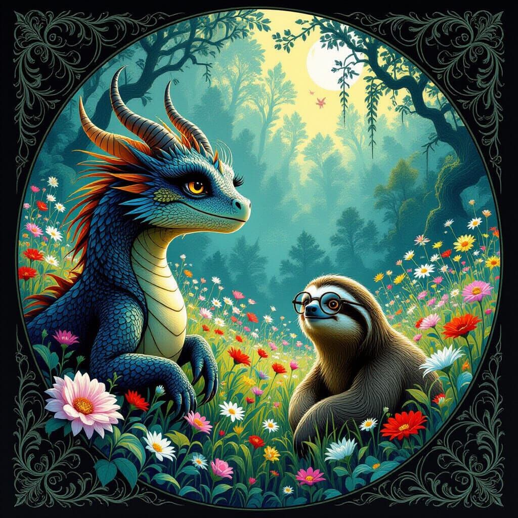 Dragon and Sloth Journey Through Singing Flowers Field